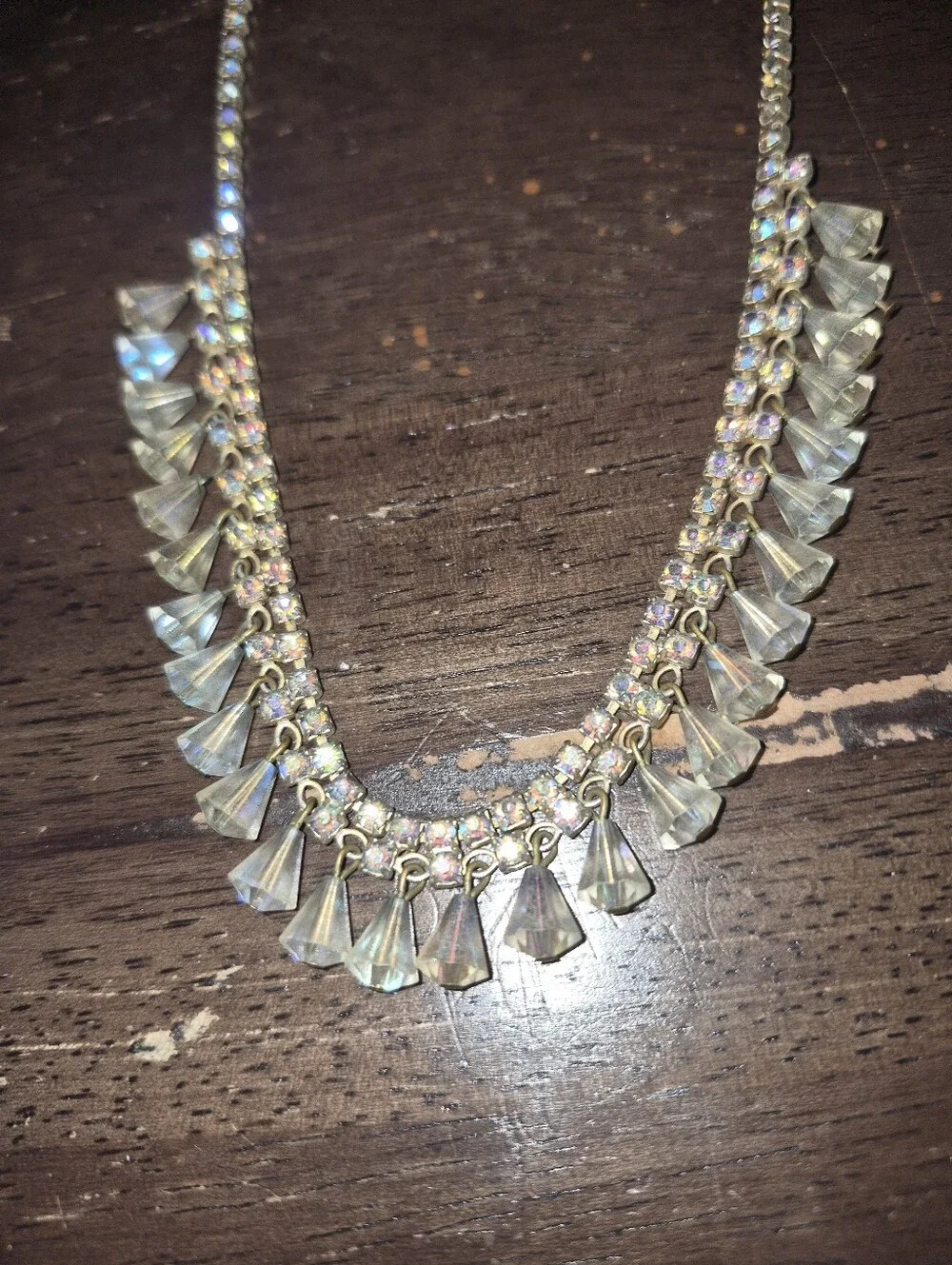 Crystal Fringe & Rhinestone Statement Necklace - Iridescent